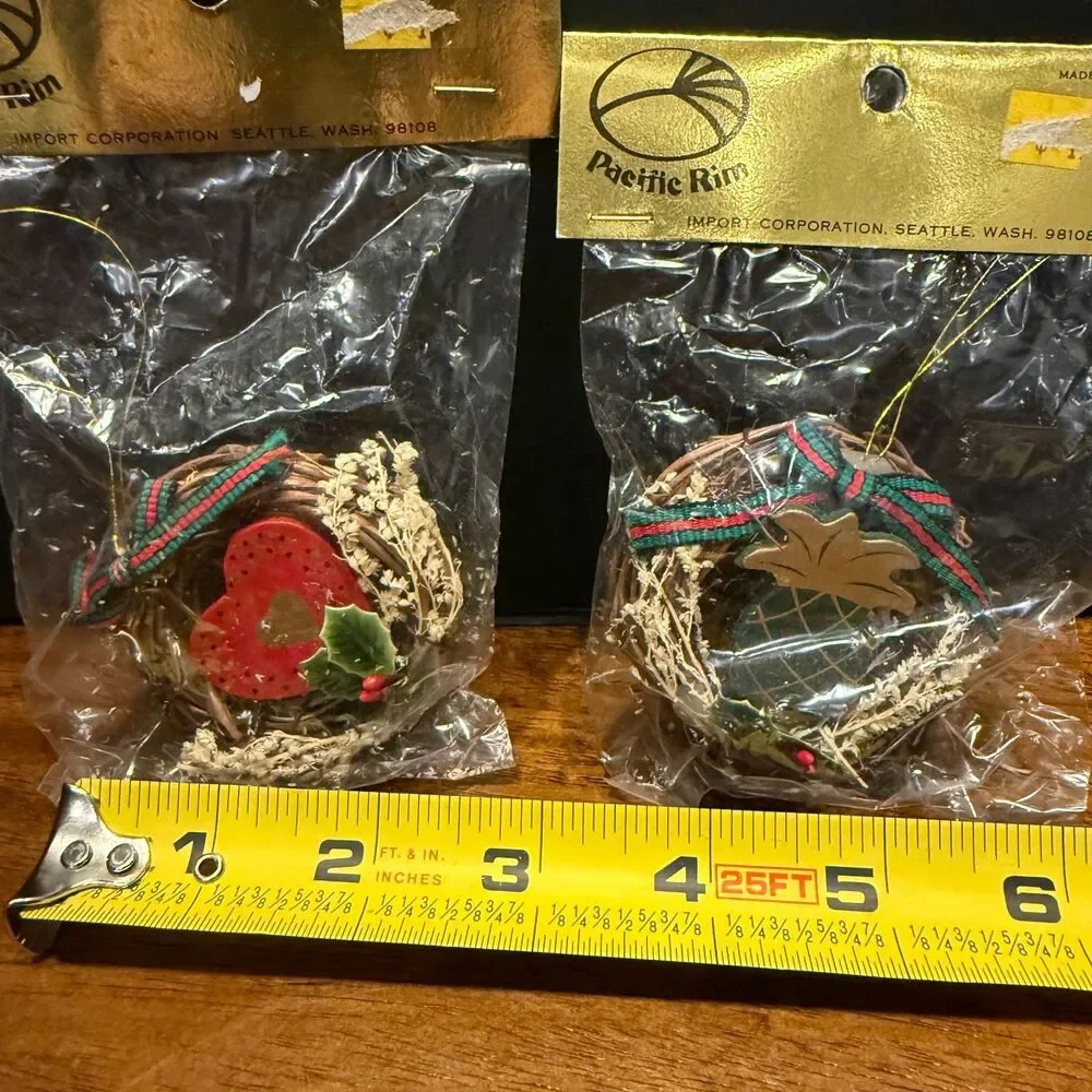 Vtg Pacific Rim Miniature Grapevine Wreath Ornaments Lot 2 Heart Pineapple NIP